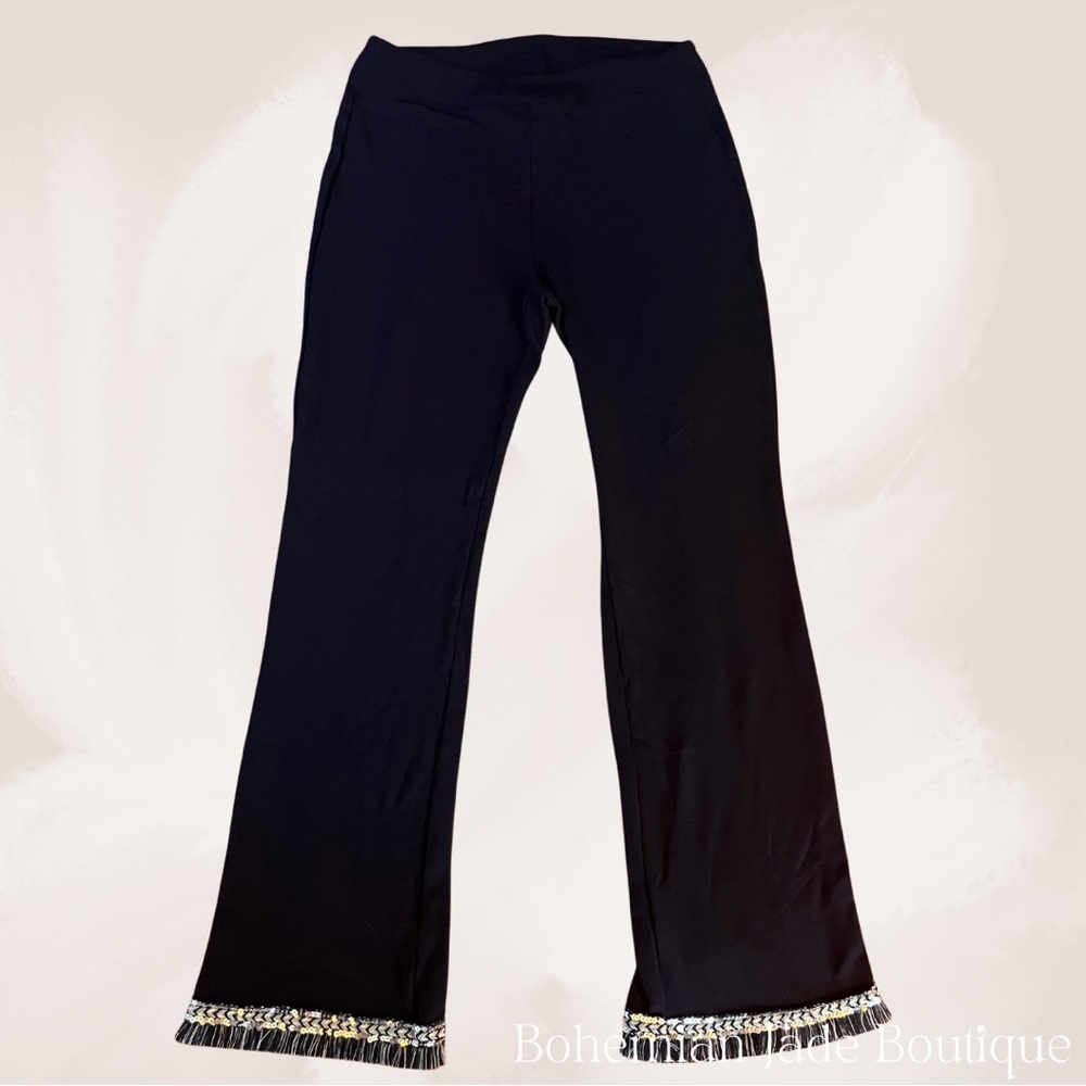 Calzedonia Flared Cropped Leggings w/ Sequin & Fringe Hem- Navy - Picture 3 of 4